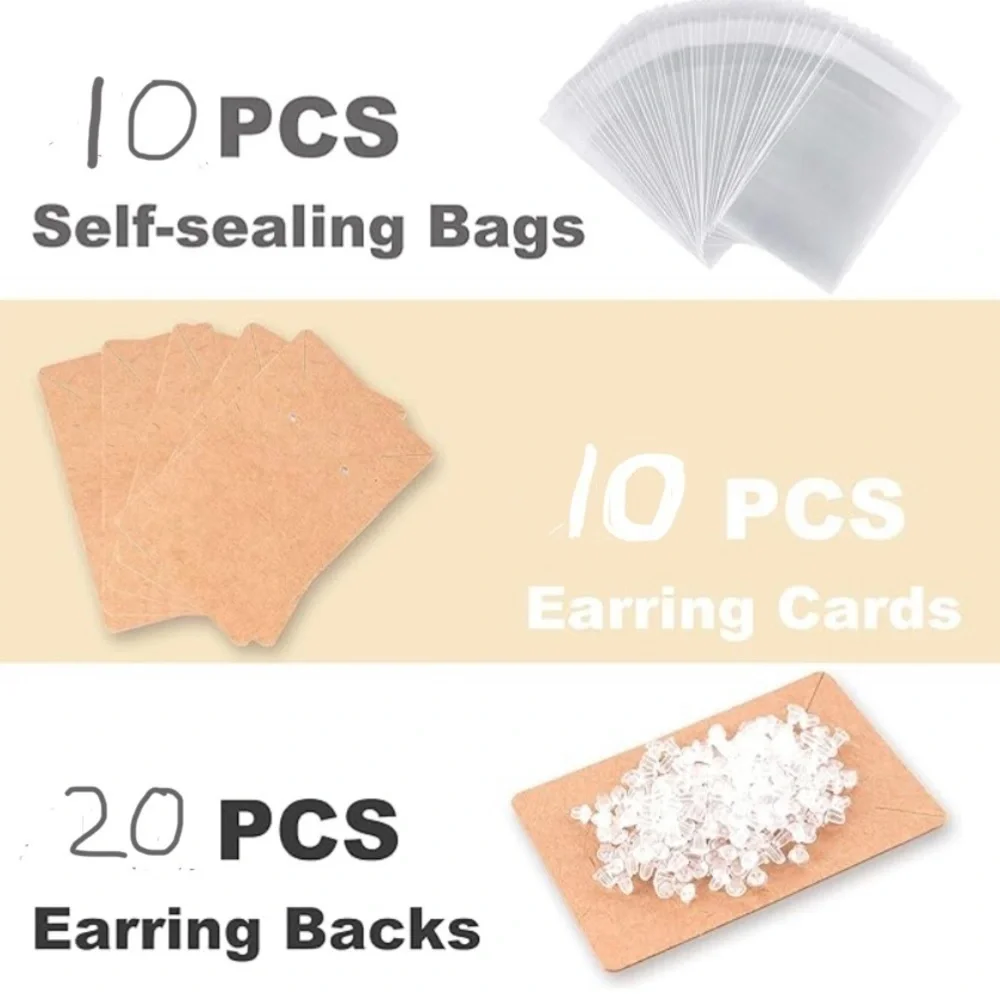 Set/10 Earring, Necklace Cards with Earring Backs, Resealable Clear Bags